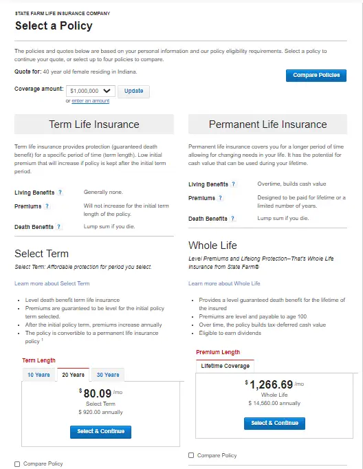 Screenshot comparing a State Farm  Million dollar term life insurance policy vs a permanent whole life insurance policy. 

The cost of the  Million term life policy is .09 per month.  The cost of the  million whole life policy is ,266.69 per month.